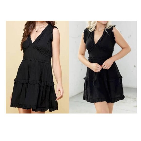 Pinch Ruffle Mini Dress, Sleeveless, V Neck, Black - Picture 5 of 6